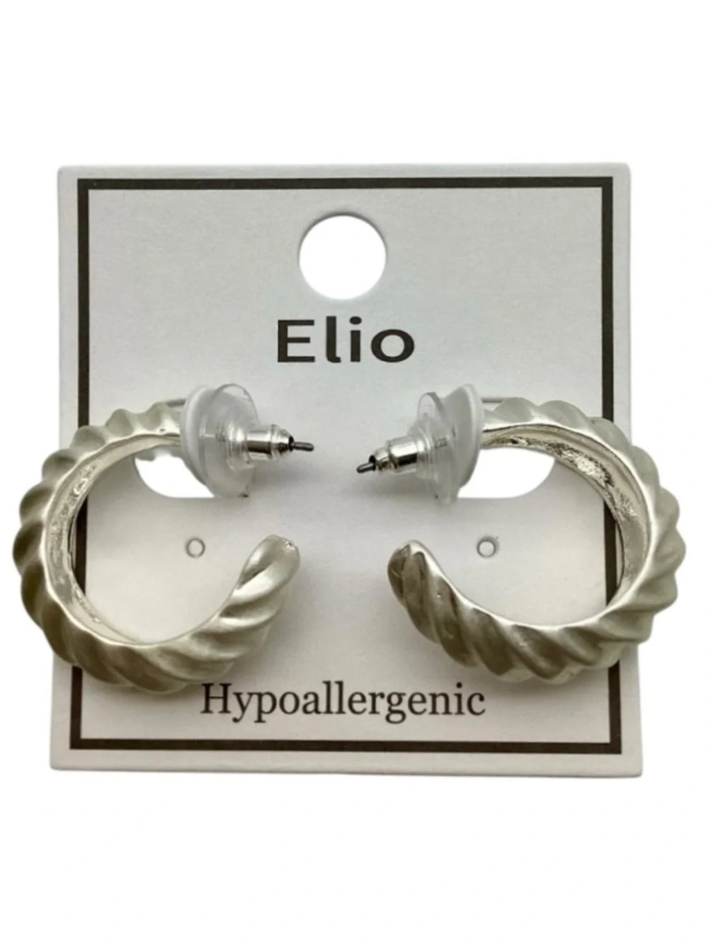 Elio Last Call Lounge Matte Silver Tone Hoop Stud Earrings (NWT)